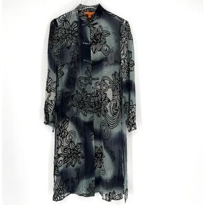 Harari Tunic‎ Top Womens S Floral Blue Black Boho Silk Asian Sheer Whimsigoth